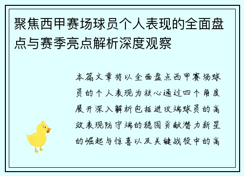 聚焦西甲赛场球员个人表现的全面盘点与赛季亮点解析深度观察